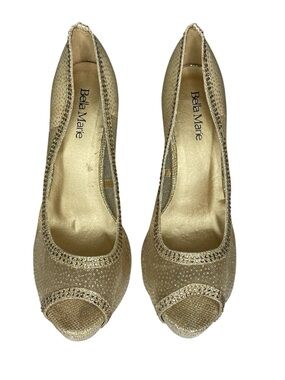 Y2K Bella Marie Classy Sheer Gold Glitter Peep-Toe Heels Pumps Shoes